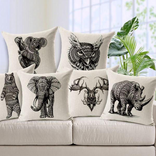 

koala rhinoceros elephant bear owl deer cushion cover nordic style square linen pillow cover office sofa decor pillow case