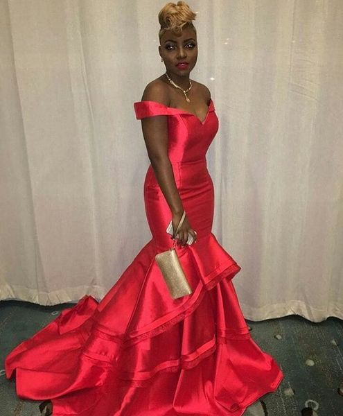 

red satin mermaid formal evening dresses sweetheart off shoulder simple long evening gowns tiers black girls graduation gowns, Black;red