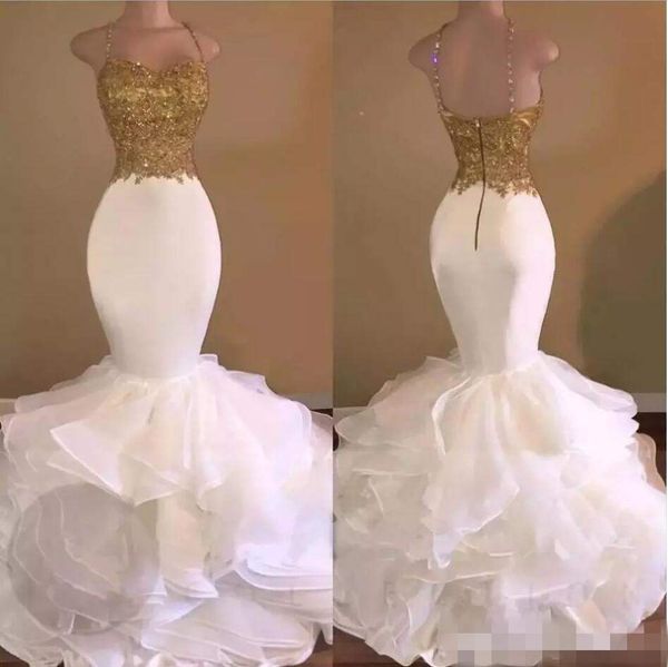 

White mermaid gold appliqued equin evening dre e 2019 parkly organza ruffle weep train prom party gown arabic celebrity