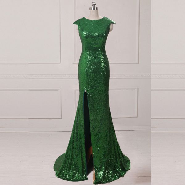 Bling Bling Abito con paillettes verde smeraldo Collo gioiello Sirena senza maniche con cappuccio Abito da sera elegante con abiti da ballo spaccati Sweep Train