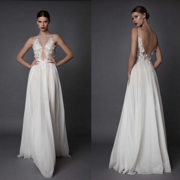 

берта backless beach a line свадебные платья 3d-цветочные аппликации кружева сексуальная иллюзия лиф дешевые плюс размер свадебные платья, White