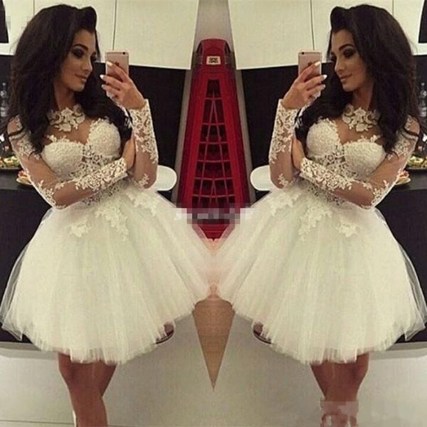 

2017 new white high neck lace applique ball gown short prom dresses long sleeves mini party dresses evening gowns custom made, Black;red