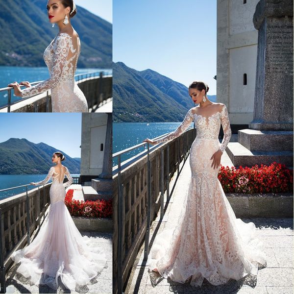 

milla nova bridal 2017 великолепный русалка с длинными рукавами полный кружева свадебные платья пляж свадебное платье кнопка назад на заказ, White