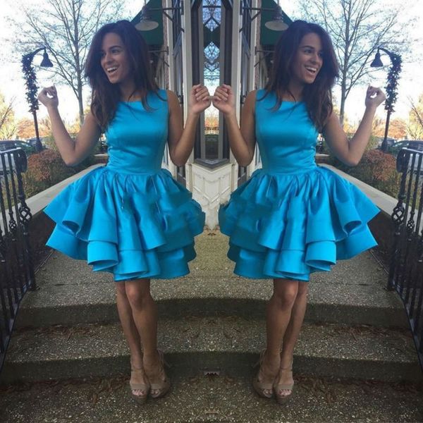 

blue short homecoming dresses for girls jewel neck tank knee length satin graduation dresses tiers skirt vestido de graduacion, Blue;pink