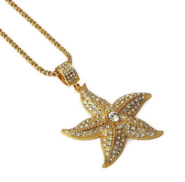 

fashion 18k gold plate crystal starfish pendant necklaces gold color hiphop crystal men's pendant necklaces 2017 july style, Silver