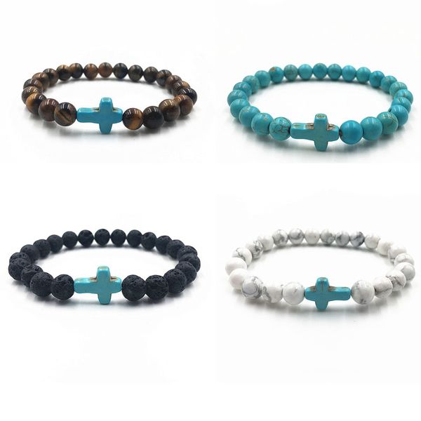 

natural lava tiger eye stone prayer beads strands charm bracelets turquoise cross volcanic rock men women jewelry, Black