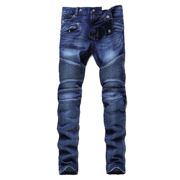 

wholesale-hip hop mens motorcycle jeans blue slim fit biker jeans mens pleated straight denim pants z1218