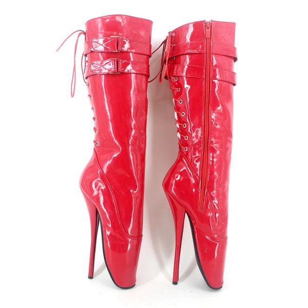 Rotes Lackleder, niedrige kniehohe Damenstiefel, Ballett-Absätze, hohe Absätze, Unisex-Damenstiefel, sexy Fetischschuhe, mehrfarbig, Plus