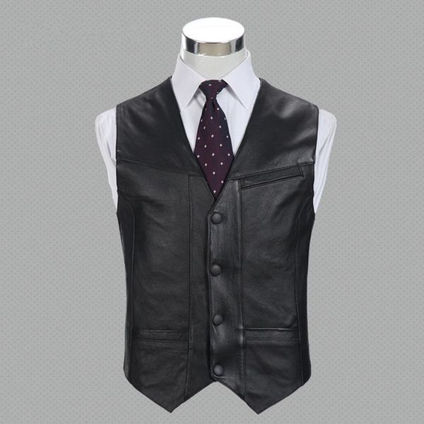 

wholesale- 2015 autumn winter genuine leather vests sleeveless leather jacket men sheepskin v-neck single breasted thin waistcoats d068, Black;white