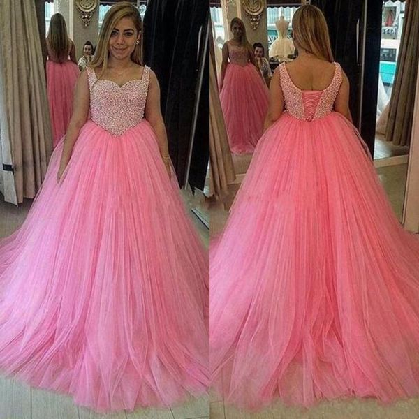 Custom feito espaguete cintas rosa vestidos de casa vestidos de baile pérolas doces 16 vestido moda quente rosa vestidos de baile tulle robe de soiree