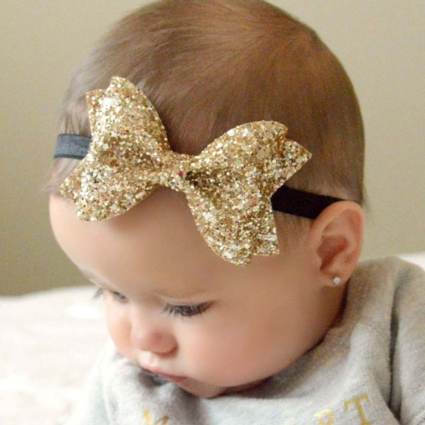 

new infant baby girls big glitter shiny sequin bow headbands knot toddler spring stretchy hairwrap children's princess hair accessories, Slivery;white