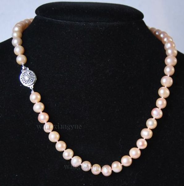 

charming8-9mm natural pink akoya cultured pearl hand knotted necklace 18", Silver