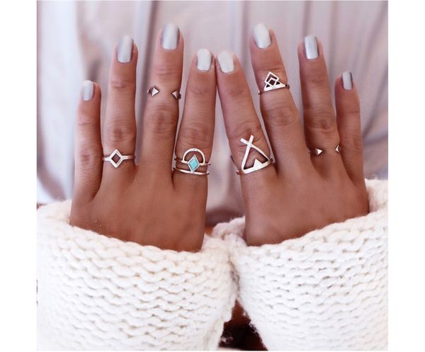 

idealway 6 pcs/set bohemian style vintage silver alloy arrow geometric shape nail midi rings sets, Golden;silver