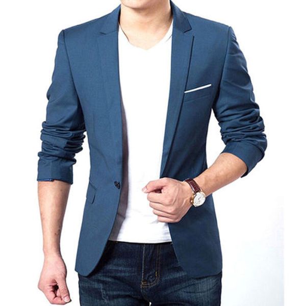 Wholesale- Mens Korean Slim Fit Fashion Cotton Blazer Suit Jacket Black Blue Plus Size M To XXXL Male Blazers Mens Coat Wedding Dress 22