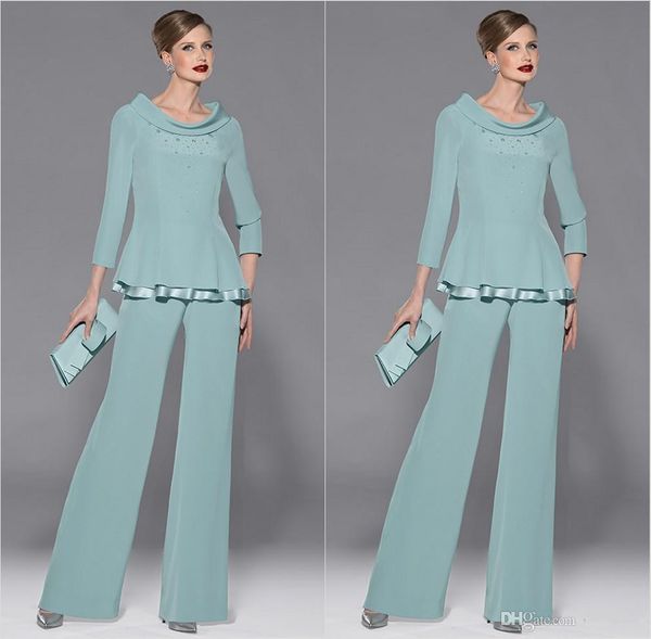 

2016 Popular Mother of Bride Pant Suits Two Pieces Long Sleeves Beads Stand Collar Formal Groom Mother's Modest Wear for Weddings Guest
