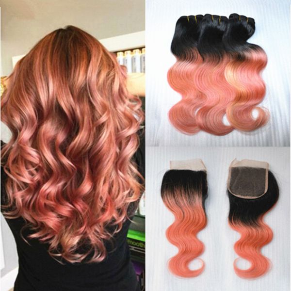 Cheap New Sale Fashional Color 1b Rose Gold Ombre Body Wave Virgin Human Hair 3 Bundles With Pink Ombre 4x4 Lace Top Closure Wholesale Remy Hair Weave