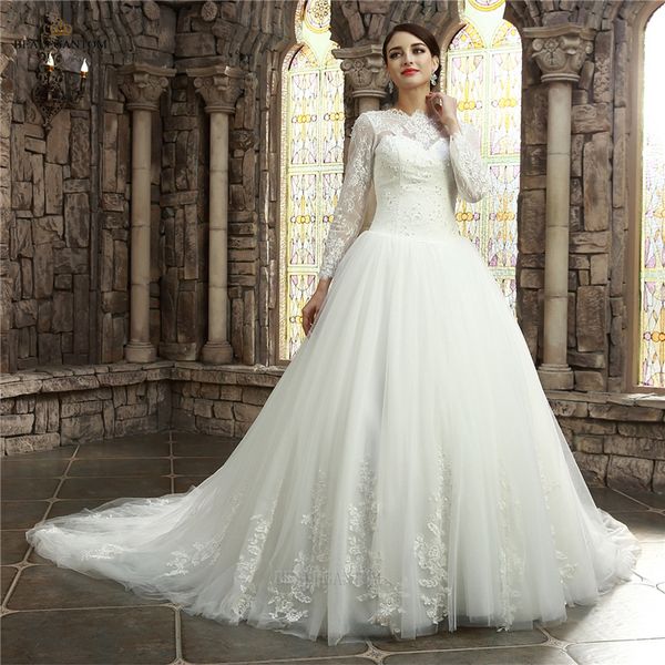 

2017 long sleeves lace ball gown wedding dresses organza appliques vintage plus size bridal gowns bm25, White