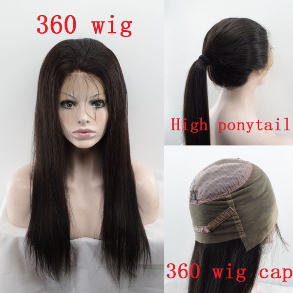 Long Straight High Ponytail 360 Lace Frontal Wig Pre Plucked 130