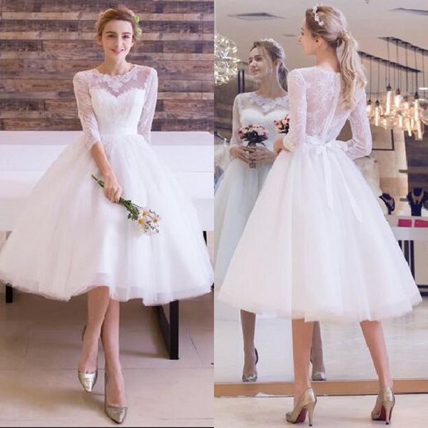 

charming knee length wedding dress informal short summer lace tulle bridal gowns with illusion neck and sash, White