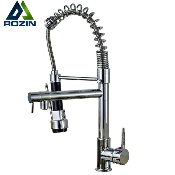 

wholesale- polished chrome spring pull down kitchen faucet with two spouts handheld shower kitchen mixer tap deck mounted
