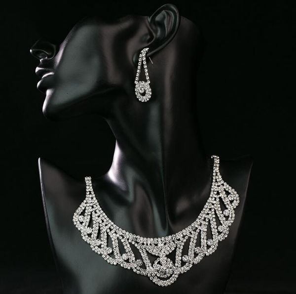 

shinny bridal clavicle necklace jewelry rhinestone crystal luxury necklace earring jewelry set for wedding party evening in stock, Slivery;golden