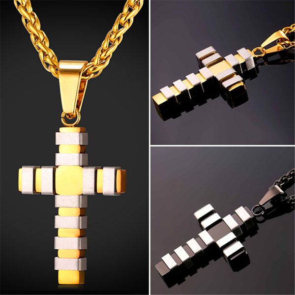 

U7 New Fashion Style Cross Necklace Pendant Trendy Two Tone Stainless Steel/Gold Plated Christian Jewelry for Women Men Perfect Gift GP2438