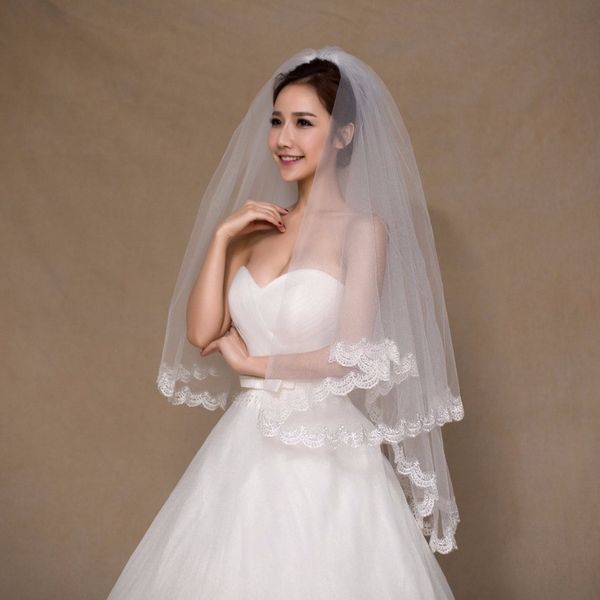 

white ivory 2 color elegant bridal veils 1.5 meters 2 layers long tulle lace short wedding veils with comb cpa858, Black