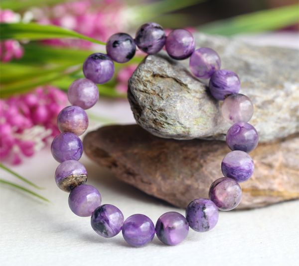 

natural genuine purple charoite finished stretch bracelet round loose 10mm beads jewelry diy 04106, Black