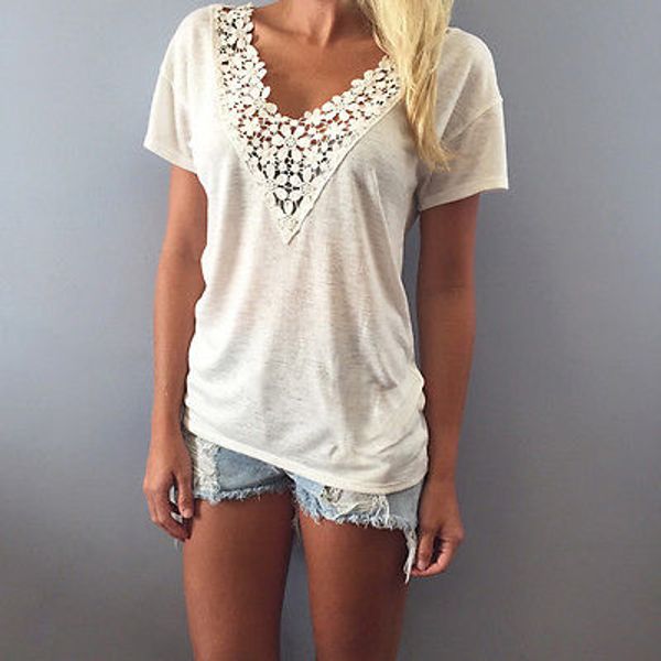 

wholesale-women summer tshirt casual women lady v-neck vest loose lace short sleeve shirt t-shirt clothes, White