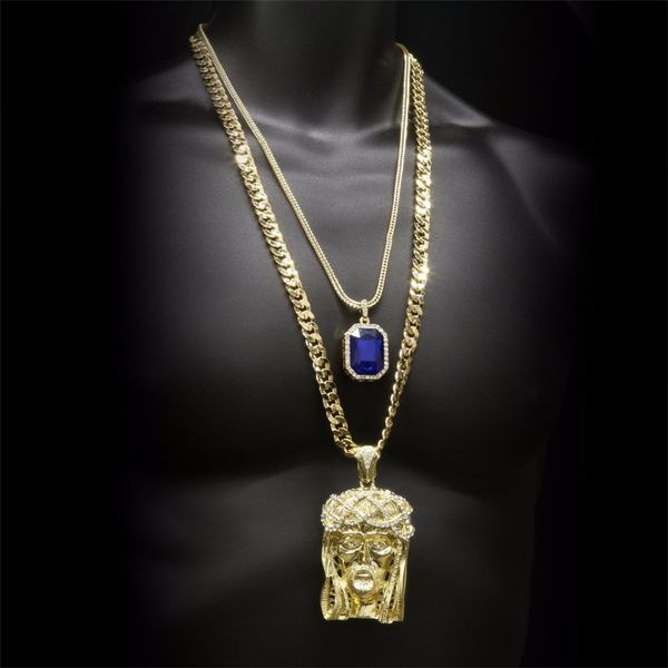 Colares Hip Hop Pingente Dourado Coroado Jesus Cabeça Pingente Iced Out Square Gem Crystal Colar Conjunto Cuban Chai