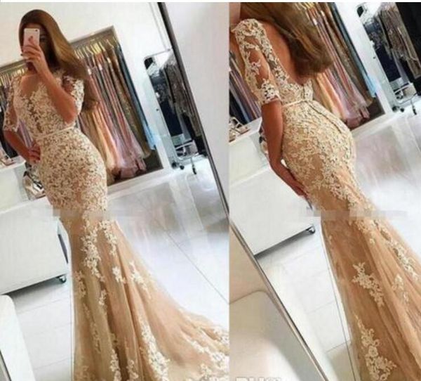 

new arrival champagne2017 mermaid evening dresses glamorous tulle appliques half sleeve backless pageant gowns prom dresses, Black