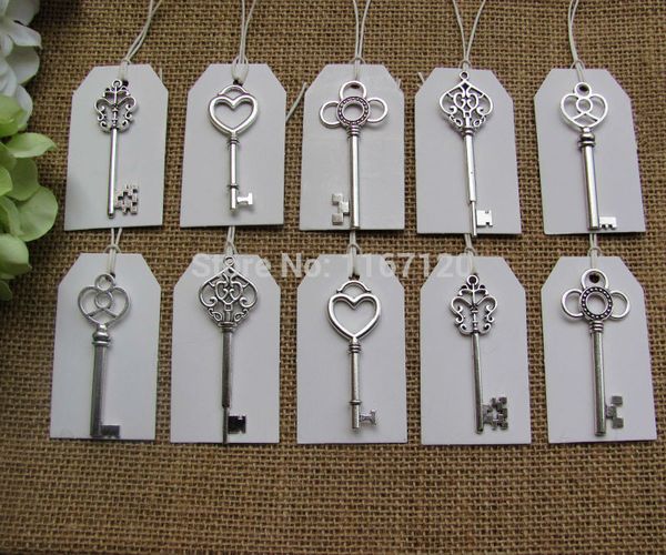 

wholesale- mixed 50pcs antique silver skeleton keys + 50pcs white tags wedding skeleton keys charm 53-68mm big size