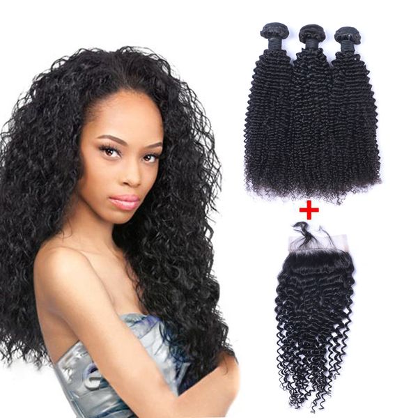 2019 Brazilian Kinky Curly Human Virgin Hair Weaves With 4x4 Lace