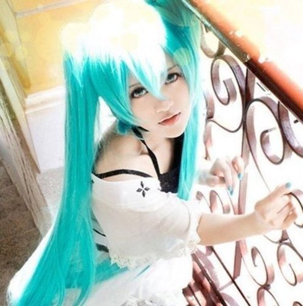 Parrucca di Vocaloid Hatsune Miku Cosplay di trasporto libero all'ingrosso + 2 code di cavallo blu-chiaro