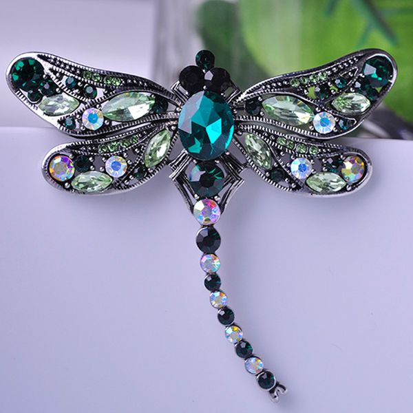 

wholesale- blucome antique silver plated dragonfly brooches corsages jewelry shining crystal vintage brooch green big broches hijab pins up, Gray