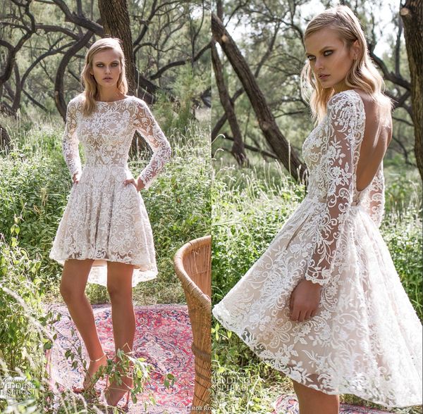 

2017 spring autumn boho full lace short wedding dresses open back hi lo sheer long sleeves country bridal wedding gowns, White