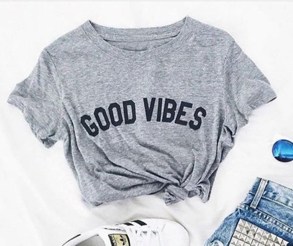 

wholesale- good vibes letter print t-shirt women casual summer style short sleeve tees fashion tshirts clothes, White