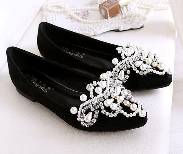 

rhinestone pointed cystal pearls shoes women flat heels pumps femininos for shoes women hollow sandals sapatos wedding esilt, Black