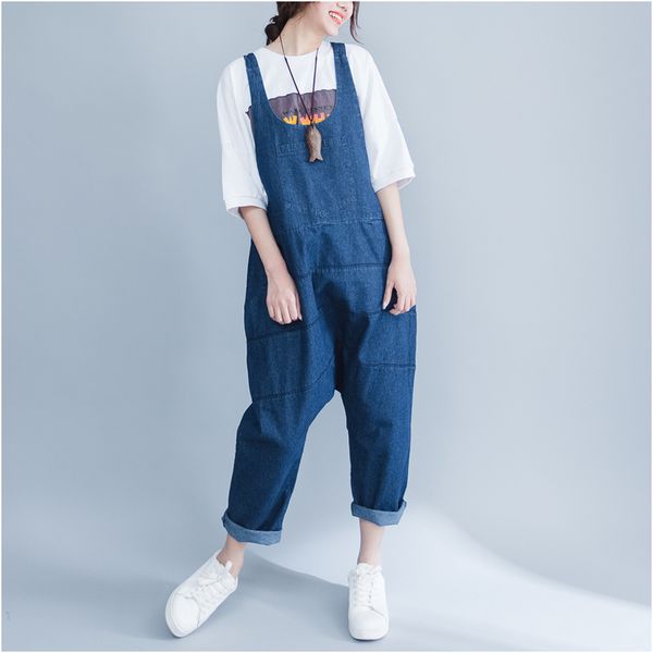 

wholesale- plus size 4xl 2017 summer women fashion cotton denim jean harem pants lady female big casual dark blue overall jumpsuit romper, Black;white