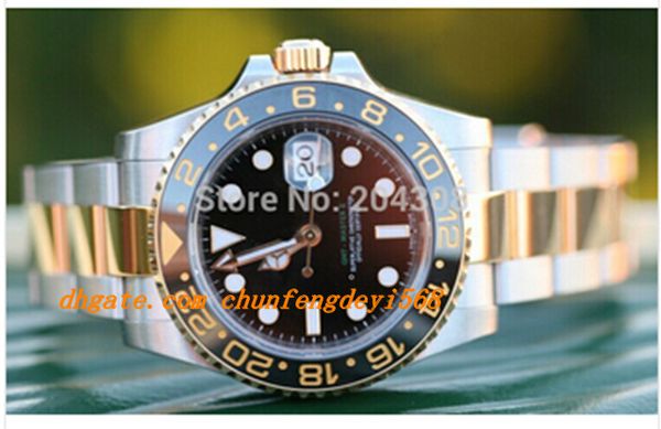 

luxury wristwatch ii 18k yellow gold stainless steel black ceramic bezel automatic mens watch 116713 men's sport wristwatches original, Slivery;brown