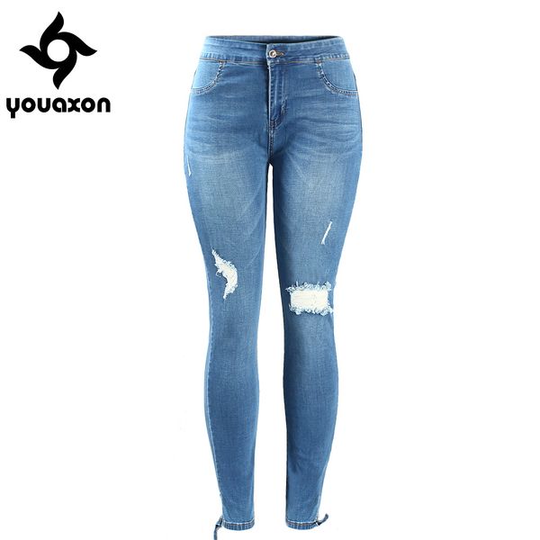 

wholesale- 2071 youaxon women`s plus size mid waist ultra stretch ripped knees torn hem denim pants jeans for women ing, Blue