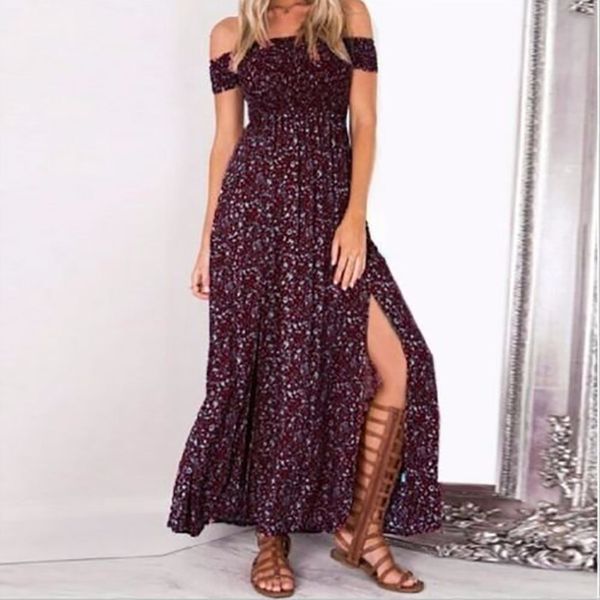 

wholesale- women summer off shoulder party dress floral front split beach long maxi dress, White;black
