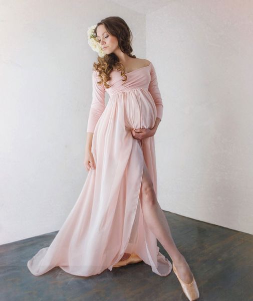 

attractive chiffon maternity dresses for p shoot with long sleeves split front pregnant gown off the shoulder custom made maxi dress, Black