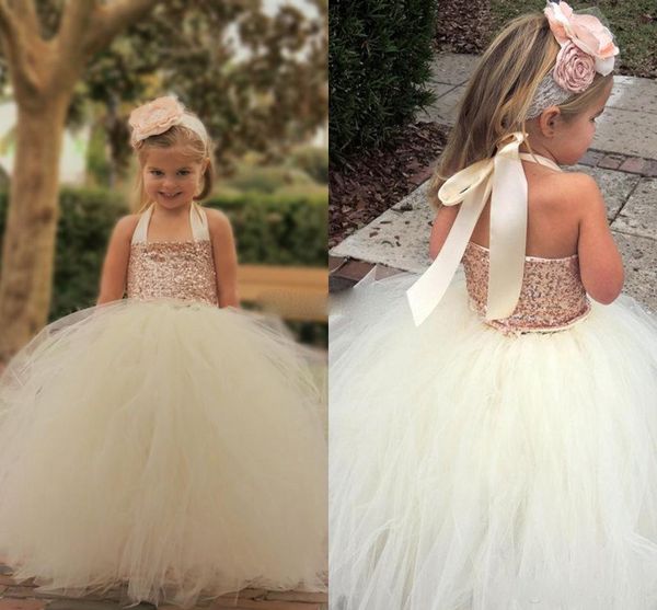 2018 Bling Bling Subiu Ouro Lantejoula Vestidos Da Menina de Flor Bonito Marfim Halter Até O Chão vestido de Baile Barato Little Girls Pageant Vestidos