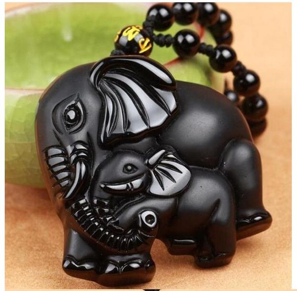 

natural black obsidian carved mother baby elephant necklace jewelry charm pendant lucky jewelry gift can drop shipping, Silver
