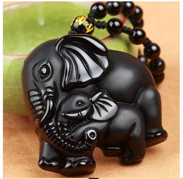 Natural Preto Obsidian Carved mãe bebê Elefante Colar de Jóias Pingente Charme Sorte Jóias Presente Pode Drop Shipping