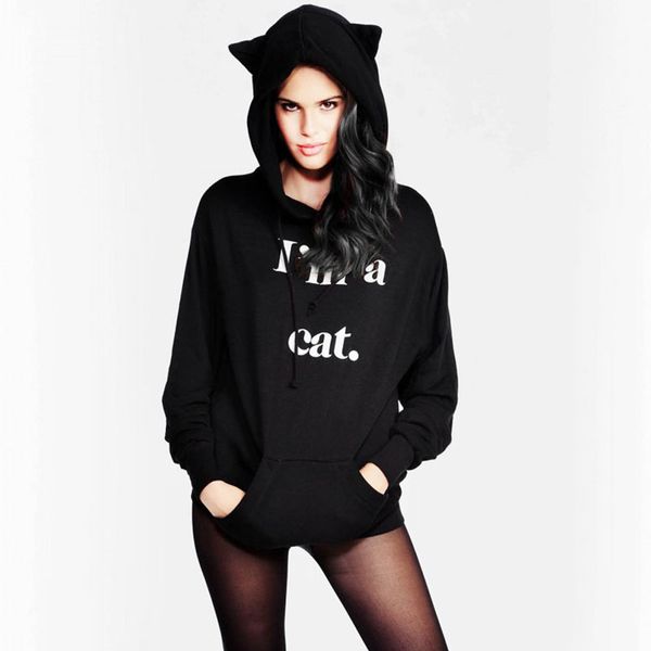 

wholesale- female women casual hoodies sweatshirt long sleeve hoody cat ears i am cat printed hoodies tracksuit jumper outerwear femme-448e, Black