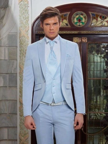 Trendy Design One Button Sky Blue Bräutigam Smoking Groomsmen Spitze Revers Best Man Anzüge Herren Hochzeit Anzüge (Jacke + Pants + Weste + Tie) NO: 675