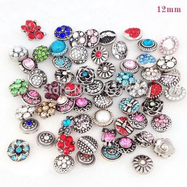 

wholesale- wholesale 50pcs/lot mixed 12mm metal snap buttons for snap button bracelets necklace pendant jewellery charm rhinestone button, Golden;silver