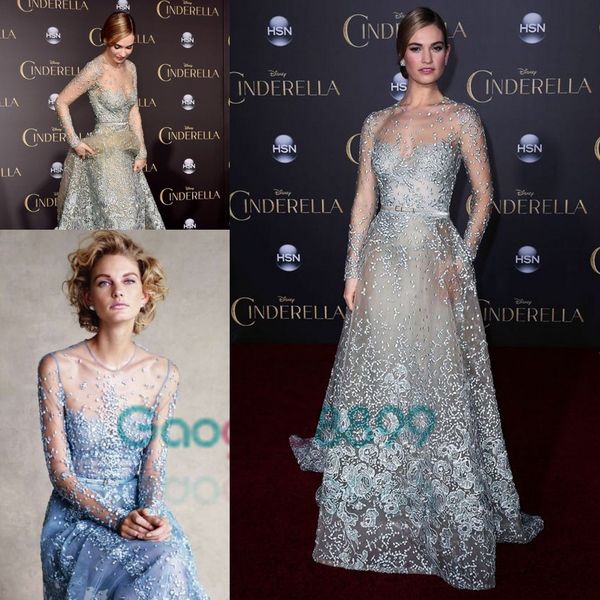 

Cinderella In Elie Saab Couture Red Carpet Celebrity Dresses 2017 Modest Sky Blue Lace Pearls Illusion Long Sleeve Prom Formal Dress